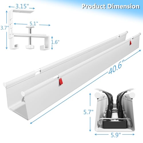 Litwaro Under Desk Cable Management Tray No Drill, 40.6" Cord Organizer with Clamp for Standing Desk, Premium Fabric Cable Tray with Wire Management for Office Home, White - color: White, size: Extra Large (40.6"L x 5.9"W)