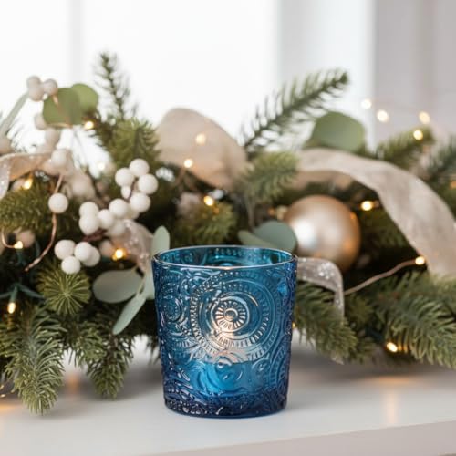12 Pack Patented Sun Moon Star Embossed Glass Tea Light Candle Holders - Unique Votive Candle Holders for Wedding, Party, and Table Centerpieces (Ocean Blue) - color: Ocean Blue