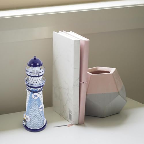 Amosfun Nautical Lighthouse Candle Holder Metal Tea Light Stand Mediterranean Desk Decor with Large Round Holes for Home Office Table Display
