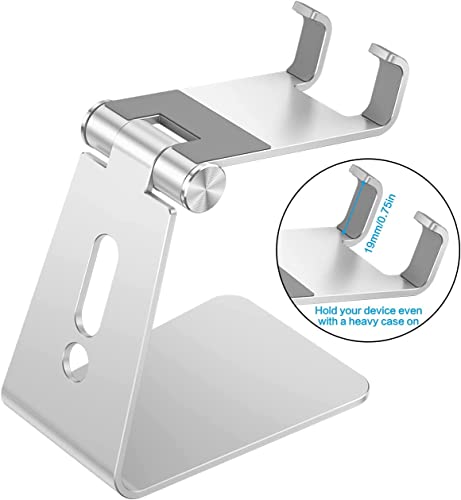 Adjustable Cell Phone Stand, OMOTON Aluminum Desktop Cellphone Stand with Anti-Slip Base and Convenient Charging Port, Fits All Smart Phones, Silver - color: Silver