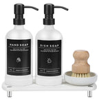 [Luxury] Kitchen Soap Dispenser Set - 16OZ White Glass Bottle, Stainless Steel Pump, Instant Dry Tray, Waterproof Labels, Non-Slip Silicone Pad, and Dish Brush | Upgrade for Your Kitchen and Bathroom - color: White Bottle + Black Pump
