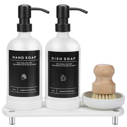 [Luxury] Kitchen Soap Dispenser Set - 16OZ White Glass Bottle, Stainless Steel Pump, Instant Dry Tray, Waterproof Labels, Non-Slip Silicone Pad, and Dish Brush | Upgrade for Your Kitchen and Bathroom - color: White Bottle + Black Pump