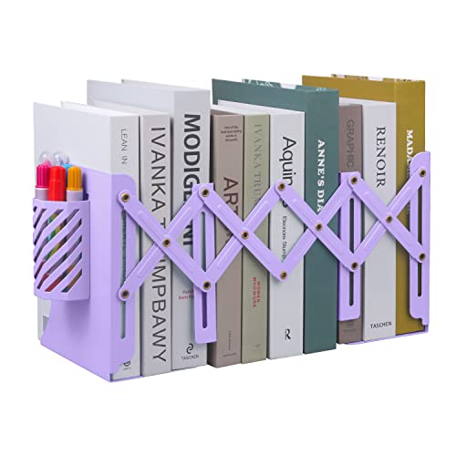 MSDADA Adjustable Bookends, Metal Book Ends for Heavy Books, Expandable Book Organizer with Pen Holder for Desk, Shelf, Office, The First Day of School Stationery Gift for Students,Teachers (Purple) - color: Purple