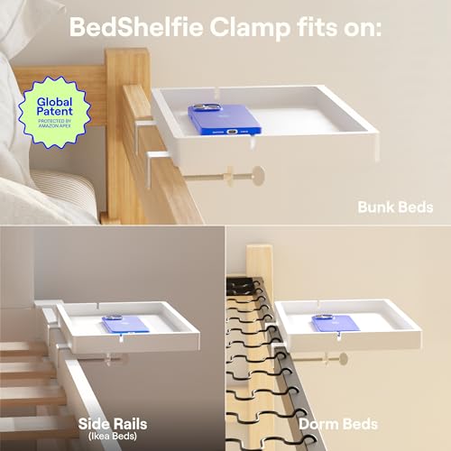 BedShelfie Wood Bedside Shelf for Bunk Bed & Top Bunk, College Dorm Room Essentials, Loft Nightstand, Floating Bed Side Table Tray Storage, Dorm Room Decor By Smallish - (Flexfit Bamboo Model, White) - color: White