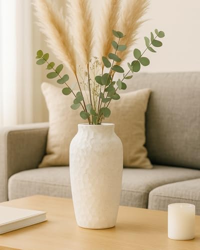 White Ceramic Vase for Flowers, Textured Speckled Hammered Finish Decorative Vase for Living Room, Table Centerpiece & Modern Home Decor - color: White, size: 12.4 Inch