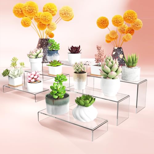 6 PCs Risers Display Stands 3 Tiers Desktop Acrylic Shelves Cake Dessert Holder Products Stand for Collectibles Shoes Jewels Pop Figure (Clear) - color: Clear
