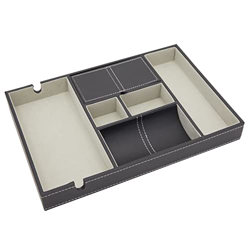 Juvale Nightstand Organizer Tray - 14 x 10 x 1.5 in, Black Faux Leather - Valet Tray for Men with 6 Compartments for Watch, Jewelry & Keys - color: Black