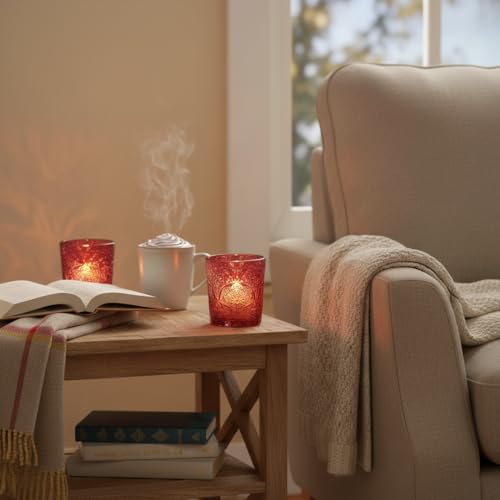 12 Pack Mandala Embossed Glass Candle Holders – Votive Tealight Holders with Patent Design, Decorative Embossed Glass Cups for Wedding Centerpieces, Parties, and Home Décor (Wildberry Red) - color: Wildberry Red