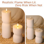 White Ribbed Flameless Pillar Candles with Remote, Real Wax Flickering Battery LED Candles Set of 2 - color: White