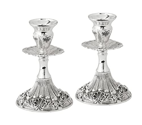 Silver Plated Candlesticks - 2 Pack Set - Pair of 5 Inch Ornate Candle Holders with Round Base and Floral Design - size: 5 inches