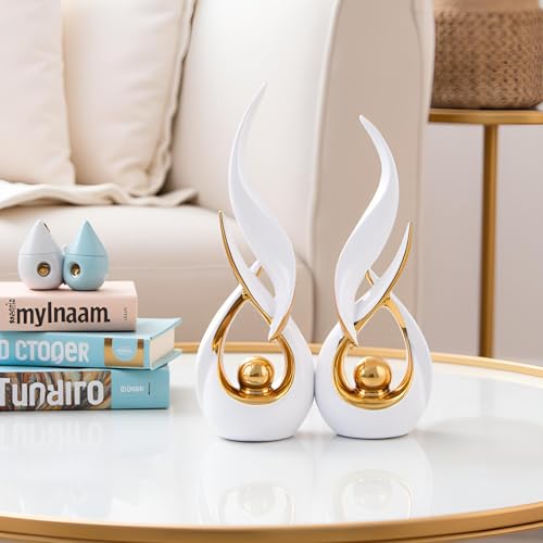 Gold Ceramic Abstract 2 Piece Statue Set,Mid Century Modern Abstract Art Home Decor Statue Mantelpiece on Unique Shelf Decor, TV Cabinet Divider Table top and Dining Table Centerpiece (White Gold) - color: White Gold
