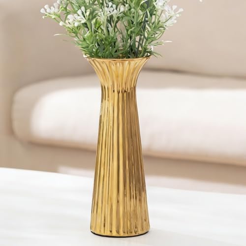SURE YUESI 7.68” Gold Ribbed Ceramic Vase, Minimalist Farmhouse Vase for Pampas Grass, Centerpiece, Coffee Table, Kitchen, Office & Home Decor - color: Gold