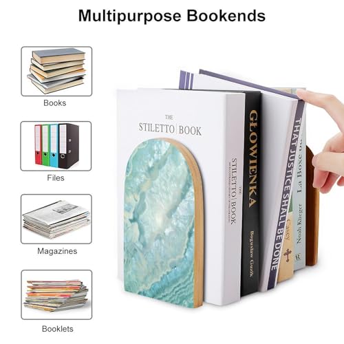 Wooden Bookends 2 Pcs,Pastel and Teal Agate Heavy Duty Office Book Ends Anti Slip Book Shelf Holder with Metal Base Decorative Book Stands - color: Pastel and Teal Agate