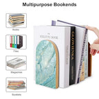 Wooden Bookends 2 Pcs,Pastel and Teal Agate Heavy Duty Office Book Ends Anti Slip Book Shelf Holder with Metal Base Decorative Book Stands - color: Pastel and Teal Agate