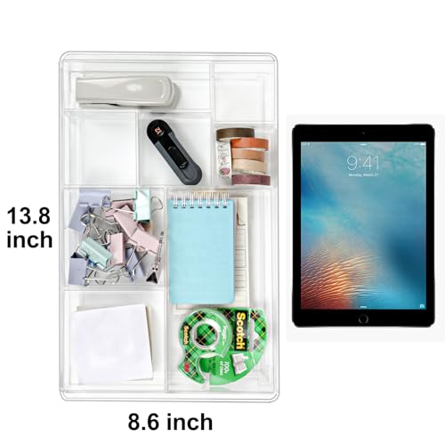 ZEXALOR 8-Section Clear Drawer Organizer, Large Acrylic Drawer Divider Tray for Desk,Bathroom,Office Makeup,Junk, Plastic Drawers Organizer 13.7" x 8.7" x 2" (8-Section)