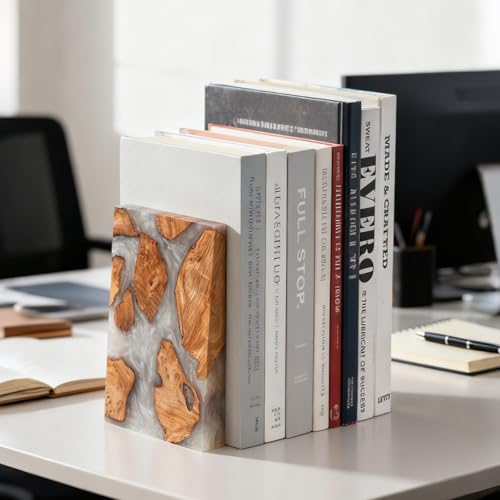 Resin Bookends Large Heavy Duty Bookends for Shelves, Unique Burl Wood Figure Book Ends for Study Office, Fancy Modern Decorative Book Supports for Bookshelf Organization (Pearlescent White) - color: Pearlescent White