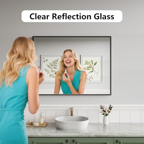 Koonmi Bathroom Mirror for Wall, 30"x40" Black Bathroom Mirror for Over Sink, Shatterproof Tempered Glass Vanity Mirror with Anti-Rust Aluminum Alloy Frame, Hang Horizontally or Vertically - color: Square Edged, size: 40"L x 30"W