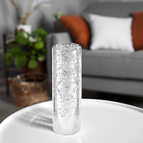 WGVI Hurricane Candle Holder Sleeve, W: 4", Ht: 12", Silver Speckled Glass Cylinder Open Both Ends, Chimney Tube Shade, 1 Piece - size: 4x12"H