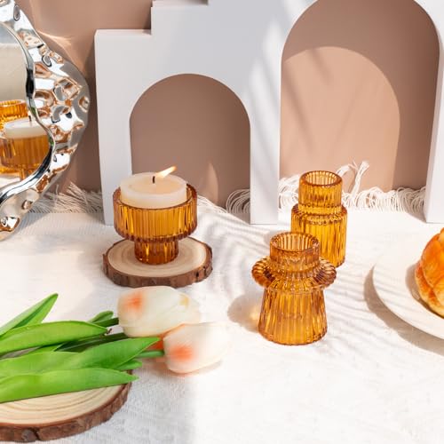 Candlestick Holders Set of 6, Ribbed Glass Taper Candle Holders, Reversible Amber Tealight & Candle Stick Candle Holder Vintage Crystal Tapered Candlestick for Wedding Dinner Party Festival - color: Amber