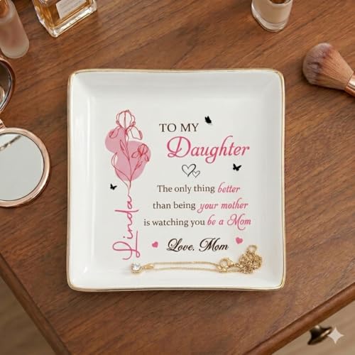 Personalized Jewelry Dish With Birth Month Flower, To My Daughter Ring Dish, Mothers Day Birthday Gifts for Daughter, Custom Floral Name Trinket Tray For Wedding, Ring Holder - color: Style 5