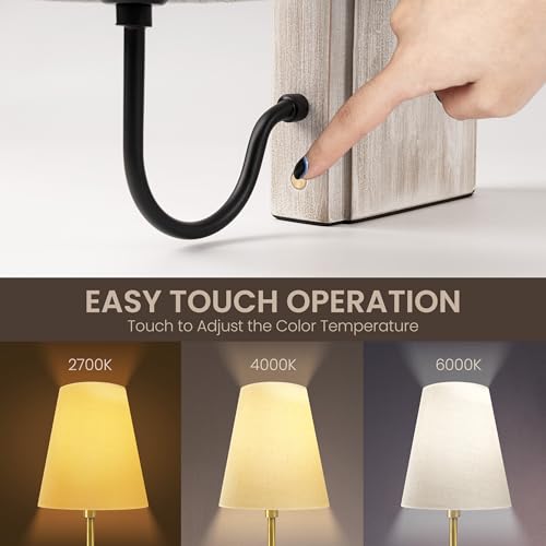 AELS Wooden Bookshelf Lamp with Bulb, Table Lamp with Linen Shade, 3-Color Dimmable Touch Control, Modern Farmhouse Decorative Bookend, Book Sconce for Office Home Bedroom Bookshelf, White - color: ‎Off-White, size: Plug-in Model