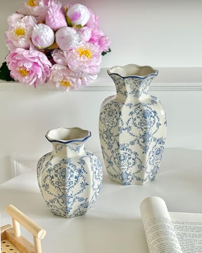 Vintage Blue Ceramic Vase, Blue and White Porcelain Decorative Flower Vase for Centerpiece Living Room Table Shelf, Chinoiserie French Country Decor - color: Blue&white, size: Large