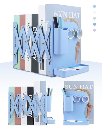 Heavy Duty Bookends Adjustable Book End, Desk Book Holder for Shelves, Book Organizer for Desk, Suitable for Office Home School (19.69 inches Max) (Light Blue) - color: Light Blue