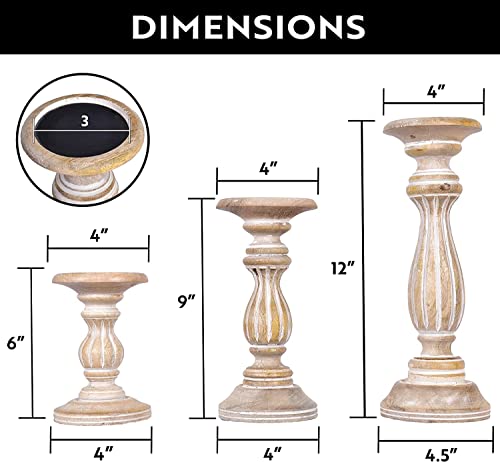 Mela Artisans Whitewashed Hand Carved Wooden Pillar Candle Holders - Set of 3 | Hana Decorative Style | Crafted from Mango Wood | Rustic Table Centerpiece Decor | Sized 6", 9" and 12" - color: Whitewash 2