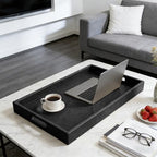 30x24 inches Rectangle Leather Ottoman Serving Tray with Hole Handles, Extra Large Modern Service Tray for Living Room, Coffee Table, Bed, Tea, Food, Countertop, Kitchen, Dinner, Picnic (Black) - color: Black, size: 30" x 24" x 2"