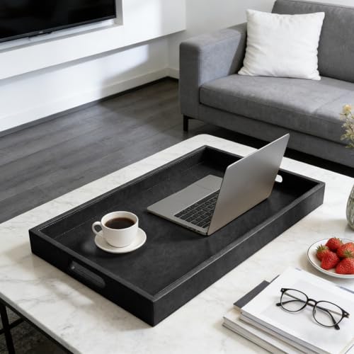 30x24 inches Rectangle Leather Ottoman Serving Tray with Hole Handles, Extra Large Modern Service Tray for Living Room, Coffee Table, Bed, Tea, Food, Countertop, Kitchen, Dinner, Picnic (Black) - color: Black, size: 30" x 24" x 2"