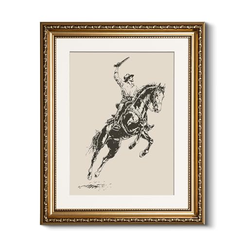HUARCEY Vintage Western Wall Art Framed Canvas 13x16, Rustic Cowboy Riding Horse Illustration Line Art, Traditional Embossed Gold Frame Classic Western Ranch Living Room Office Study Home Decor - color: To the West, size: 16"L x 13"W
