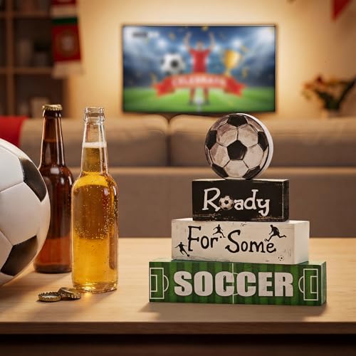Smile Soccer Wooden Block Decor Set, 4-Piece Ready For Some Soccer Blocks & Soccer Ball Tiered Tray Tabletop Signs for Game Day & Sports Party Decorations - style: Goal