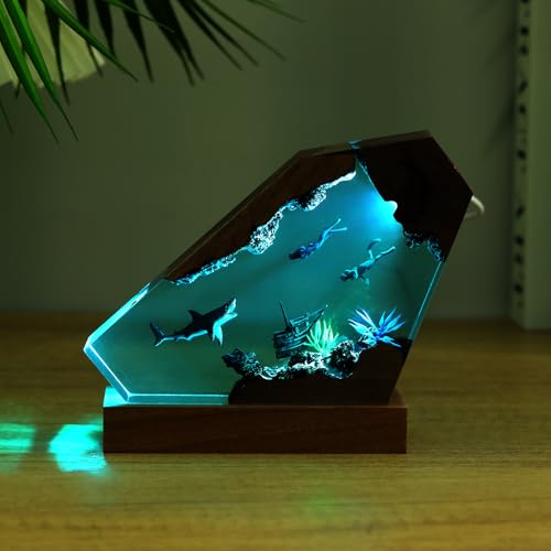 Ocean Creative Epoxy Resin Wood Light Lamp, Handmade Multi Color Aquatic Ocean Lamp Deep Sea Diver Cave Diving Enthusiasts Led Night Light Desktop Decor Christmas Birthday Gift (White Shark, S) - color: White Shark