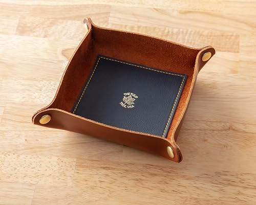 USA Handmade Premium Leather Valet Tray, Folds Flat! Dice Rolling Basket and Organizer with Brass Snaps (Chestnut and Blue Gold, Medium) - color: Chestnut and Blue Gold, size: 5" x 5" x 2"
