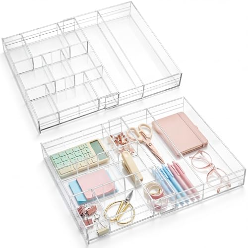 Briwooody 2 Pcs Acrylic Desk Drawer Organizer Maximum 11.8 x 17 x 1.9 Inch Expandable Drawer Organizer Trays with 7 Adjustable Compartments Desk Accessories for Makeup Silverware Office Bathroom - size: 11.8 x 17 x 1.9 Inch