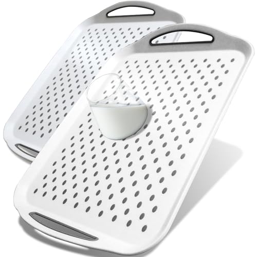 Large Nonslip Serving Tray with Handles, Silicone Grippy Dots Lap Food Trays for Eating, Dishwasher Safe Serve for Breakfast Dinner Snack Fruit Appetizers Beverage, Rectangular, Set of 2, White - color: White