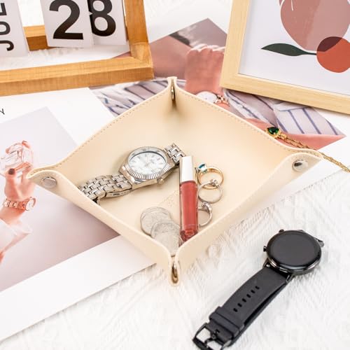 SANQIANWAN PU Leather Arc Edge Jewelry Valet Tray for Man and Women, Portable Mini Entryway Table Tray Bedside Nightstand Desk Tray Small Travel Dish Plate for Key,Wallet,Watch,Coin (Beige) - color: Beige