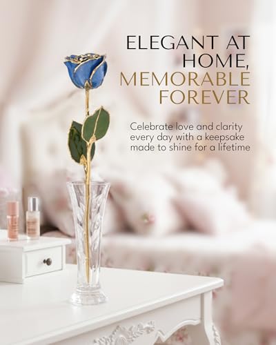 Forever Rose Hand-Dipped in 24K Gold, Sapphire-Inspired September Birthstone with Sparkles, Real Rose in Luxury Gold Gift Box & Clear Glass Bud Vase, Perfect Ready for September Birthday -Any Occasion - color: September Sapphire