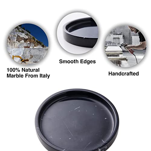 100% Carved Marble Round Vanity Tray 5.5'', for Kitchen Bathroom Countertop, Nightstand Decor, Candle Holder, Jewelry Rind Dish, Trinket Plate, Table Accents, Black - color: Black Marquina, size: 5.5"