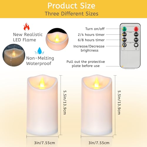 Artmarry Flameless Candles 3" D x 6" H Outdoor Indoor Pillars Battery Operated Flickering Candles Include 8-Key Remote Timer 400+ Hours by 2 AA Batteries (White Candle - Warm Light,2 Pack) - color: White Candle - Warm light, size: 3"D x 6" H - 2 Pack