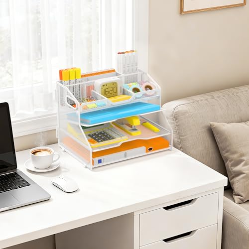 4 Tier Desk Orgnizers and Accessories, Metal Magazine File Holder with Pencil Holder and Handles, Space Saving Desktop Storage for School Office Supplies(White) - color: White