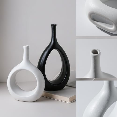 Ceramic Vase Set of 2, Modern Minimalist Boho Hollow Flower Vases, Decorative Vase for Home Decor, Living Room, Bedroom, Bookshelf, Entry Table, Kitchen and Dining Table - color: White&black