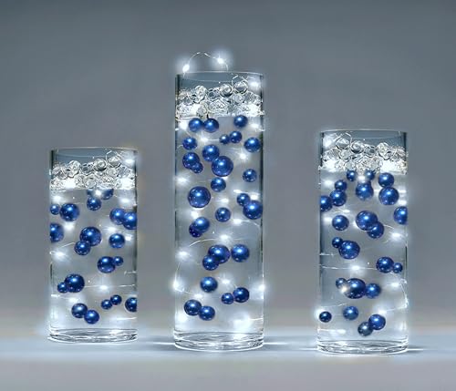 75 Floating Royal Blue (Navy) Pearls - with Must Have Transparent Water Gels KIT for The Best Floating Effect - Fills 1 GL of Gels for Vase Decorations-White Submersible Fairy Lights - color: Royal Blue, size: 1pk+litew