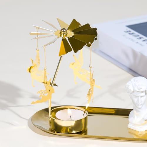 Spinning Candle Holder, Gold Tea Lights Candle Holder Fairy Carousel Candle Spinner, Rotating Metal Candle Holders for Table Centerpiece Angel Candle Holder for Christmas Festival Home Decor - color: Fairy