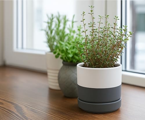 D'vine Dev Set of 2 Plants Pots, 4.7 Inch Ceramic Planter Pot for Plants with Drainage Hole and Saucer, White/Speckled Grey, 94-V-B-6 - color: White/Speckled Grey, size: 4.7 Inch