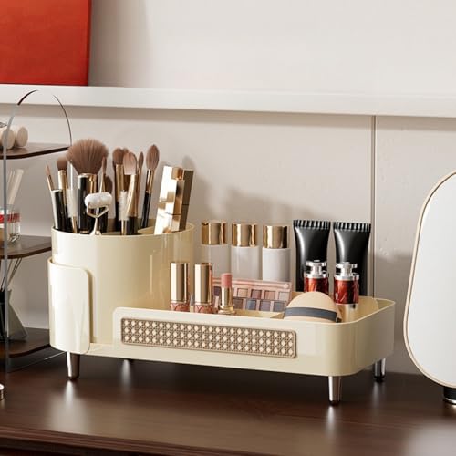 Booklov Rotating Makeup Caddy Organizer for Vanity, Large Capacity Cosmetic Display Case, Countertop Beauty Storage Holder for Skincare, Brush Eyeliner Lipstick, Counter Table Organization, Cream - color: Cream, size: L02