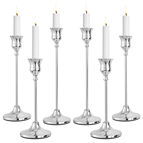 CHILL RECIPE Silver Taper Candle Stick Holders Tall Candle Holder, Vintage Candlesticks Holder Bulk for Home Decor Table Centerpiece Dining Party Festival Decorations (2 Set 6Pcs) - color: Silver, size: 2 Sets-6Pcs