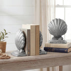 Decorative Shell Bookends, Coastal Nautical Book Ends for Shelves Desk, Resin Seashell Book Ends for Home Office Living Room Beach Decor (Silver)