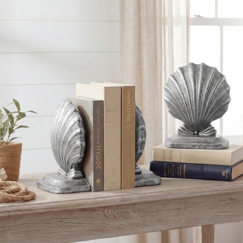 Decorative Shell Bookends, Coastal Nautical Book Ends for Shelves Desk, Resin Seashell Book Ends for Home Office Living Room Beach Decor (Silver)