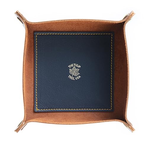 USA Handmade Premium Leather Valet Tray, Folds Flat! Dice Rolling Basket and Organizer with Brass Snaps (Chestnut and Blue Gold, Medium) - color: Chestnut and Blue Gold, size: 5" x 5" x 2"
